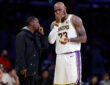 Agent Rich Paul talks to NBA star LeBron James of the Los Angeles Lakers