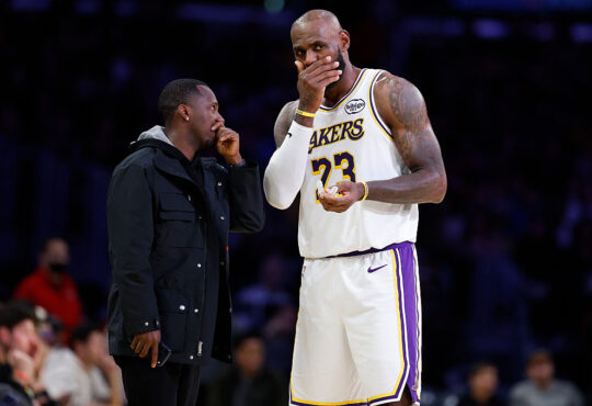 Agent Rich Paul talks to NBA star LeBron James of the Los Angeles Lakers