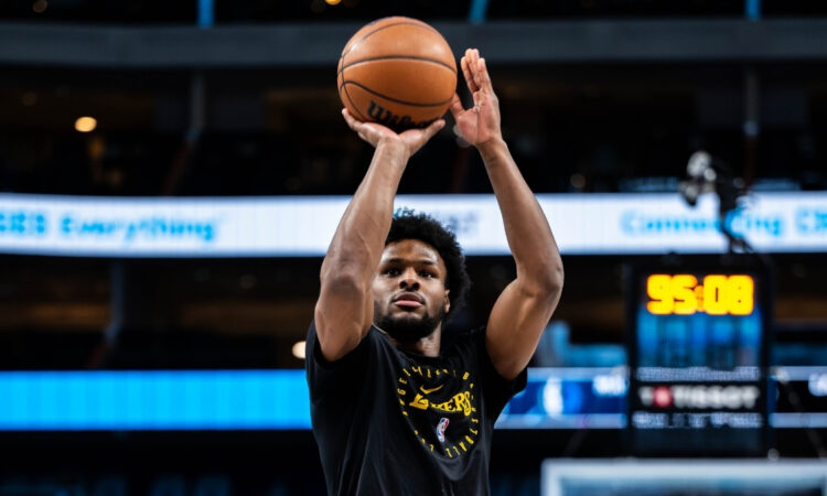 NBA: Bronny James shoots during pregame warmups at American Airlines Center before Lakers vs. Mavericks