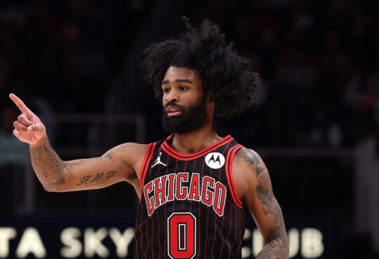 NBA: Coby White reacts after making a three-point shot for the Chicago Bulls against the Atlanta Hawks at State Farm Arena