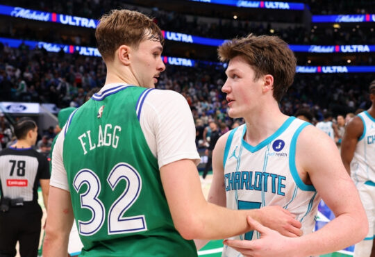 NBA: Cooper Flagg of the Dallas Mavericks and Kon Knueppel of the Charlotte Hornets talk after the game at American Airlines Center