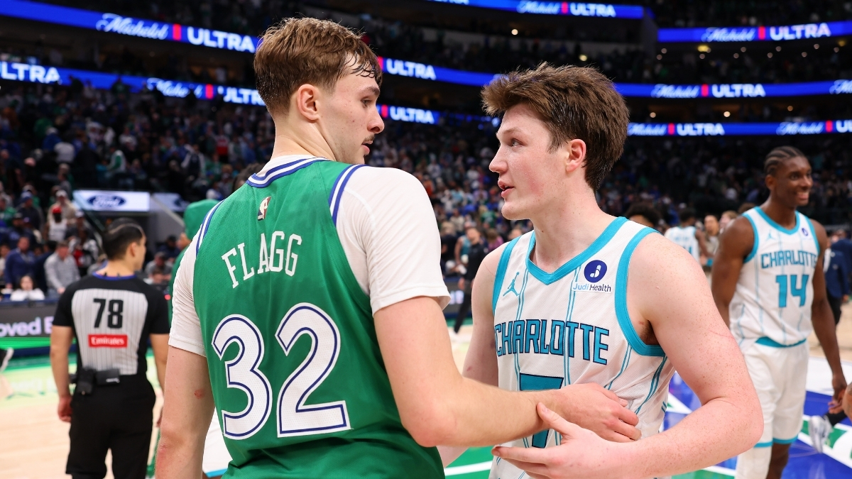 NBA: Cooper Flagg of the Dallas Mavericks and Kon Knueppel of the Charlotte Hornets talk after the game at American Airlines Center