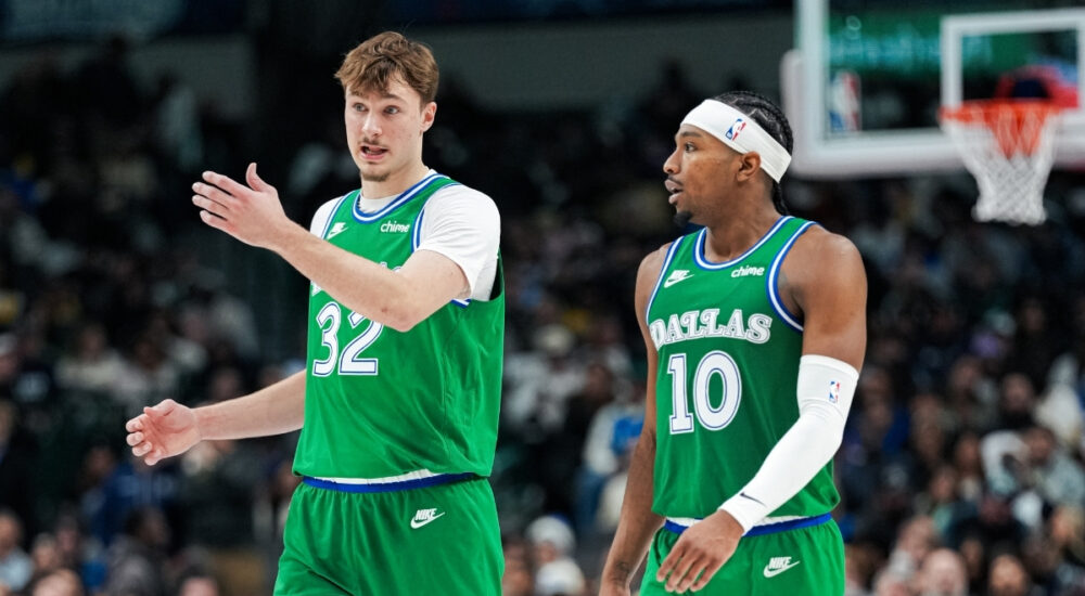 NBA: Cooper Flagg talks with Brandon Williams between plays during Dallas Mavericks vs. Los Angeles Lakers at American Airlines Center