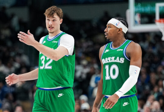 NBA: Cooper Flagg talks with Brandon Williams between plays during Dallas Mavericks vs. Los Angeles Lakers at American Airlines Center