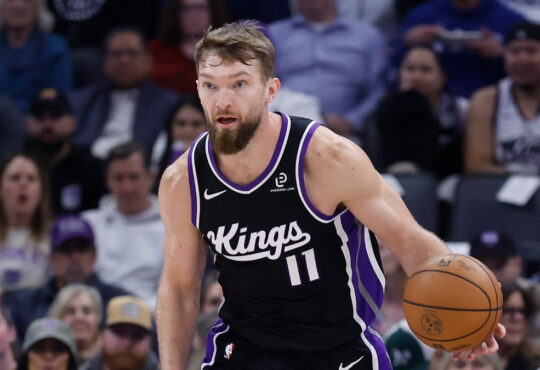 NBA: Domantas Sabonis dribbles the ball up the court for the Sacramento Kings against the Miami Heat at Golden 1 Center