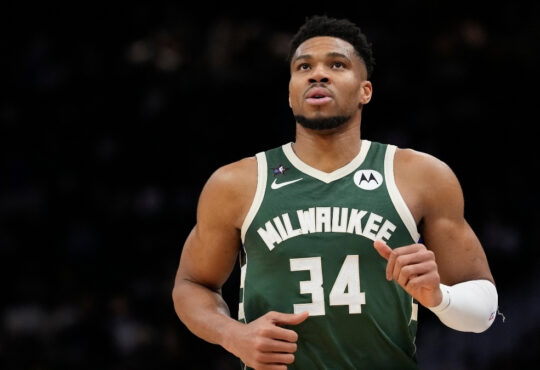 Giannis Antetokounmpo jogs up the court during the third quarter at Fiserv Forum against the Oklahoma City Thunder