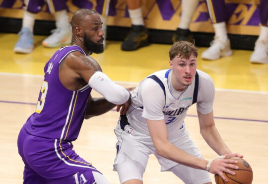 NBA: LeBron James guards Cooper Flagg during the NBA Cup game between the Dallas Mavericks and Los Angeles Lakers at Crypto.com Arena