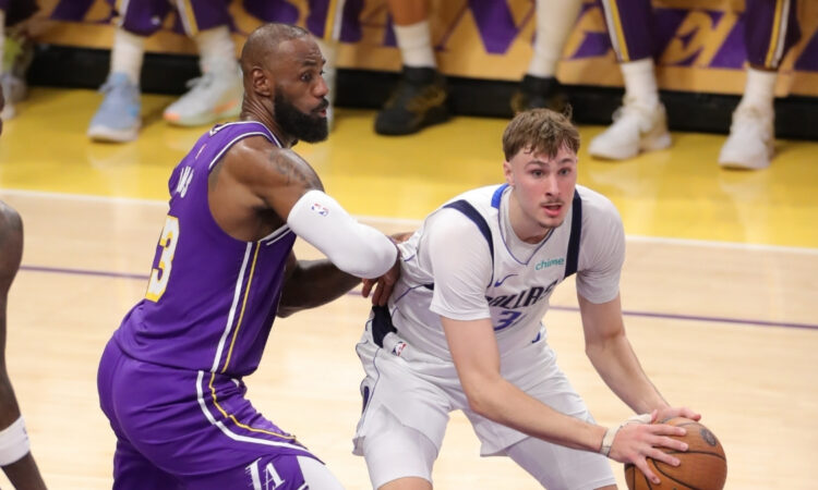 NBA: LeBron James guards Cooper Flagg during the NBA Cup game between the Dallas Mavericks and Los Angeles Lakers at Crypto.com Arena