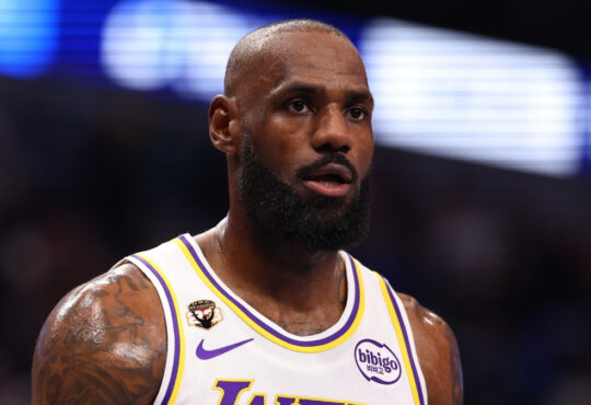 NBA: LeBron James looks on from the court during the first half at American Airlines Center against the Dallas Mavericks
