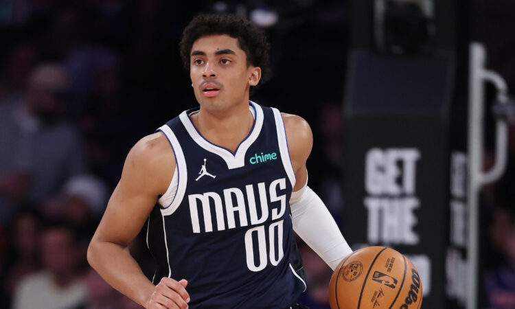Max Christie handles the ball for the Dallas Mavericks against the New York Knicks at Madison Square Garden