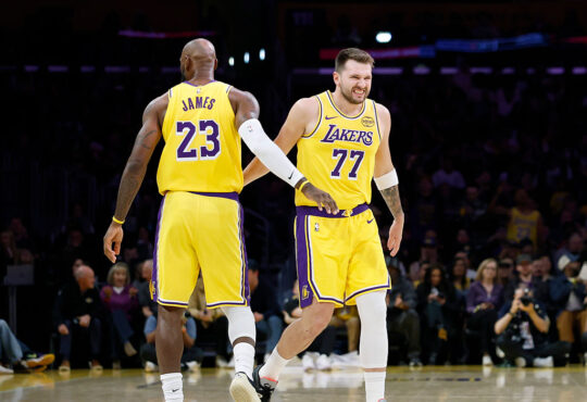 NBA stars LeBron James and Luka Dončić of the Los Angeles Lakers