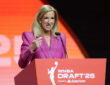Cathy Engelbert speaks during the 2025 WNBA Draft at The Shed in New York City.
