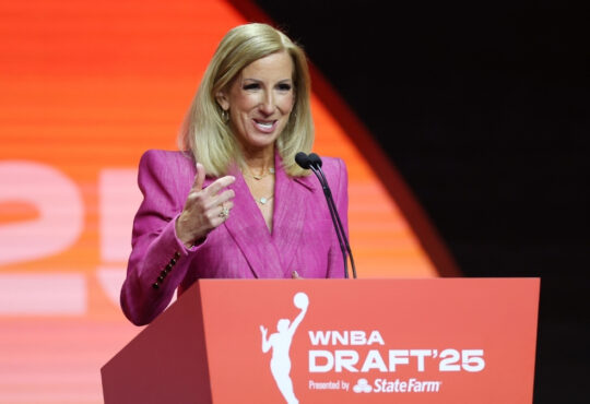 Cathy Engelbert speaks during the 2025 WNBA Draft at The Shed in New York City.
