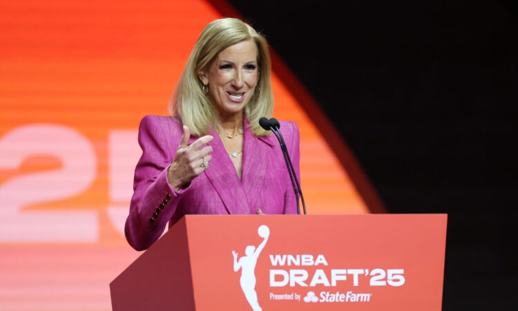 Cathy Engelbert speaks during the 2025 WNBA Draft at The Shed in New York City.
