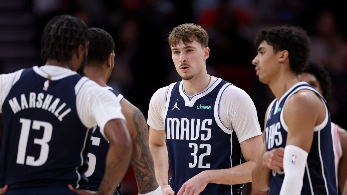 NBA: Cooper Flagg reacts with teammates during the second half at Toyota Center against the Houston Rockets in Houston, Texas.
