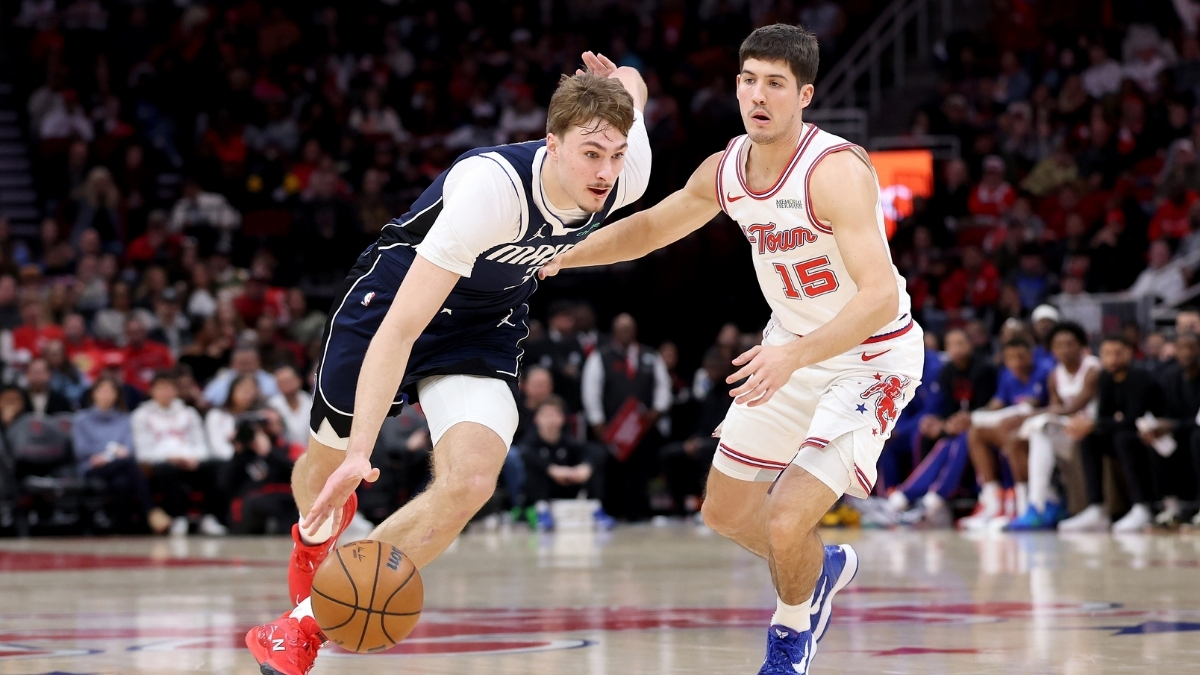 NBA: Cooper Flagg drives to the basket for the Dallas Mavericks against the Houston Rockets at Toyota Center