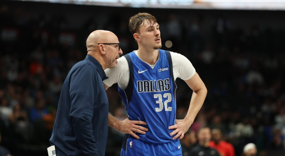 NBA: Cooper Flagg speaks with head coach Jason Kidd on the court at American Airlines Center during Mavericks vs. Pelicans