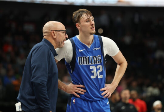 NBA: Cooper Flagg speaks with head coach Jason Kidd on the court at American Airlines Center during Mavericks vs. Pelicans