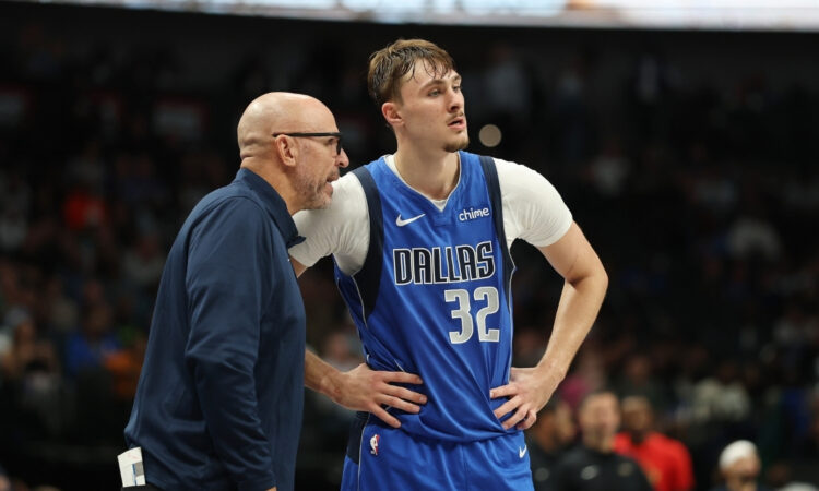 NBA: Cooper Flagg speaks with head coach Jason Kidd on the court at American Airlines Center during Mavericks vs. Pelicans