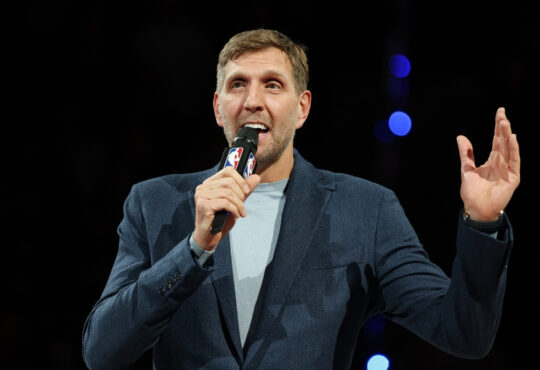 NBA: Dirk Nowitzki speaks prior to the NBA game between the Memphis Grizzlies and Orlando Magic at Uber Arena in Berlin.