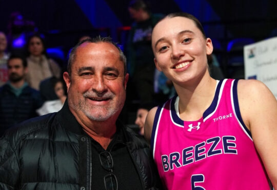 WNBA: Dallas Wings head coach Jose Fernandez visits Paige Bueckers during an Unrivaled event in Miami.