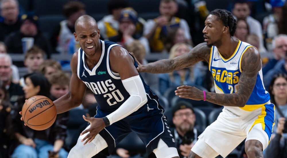 NBA: Khris Middleton dribbles for the Dallas Mavericks against the Indiana Pacers at Gainbridge Fieldhouse.