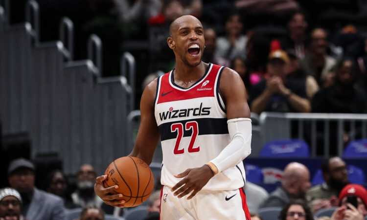 NBA: Khris Middleton celebrates during the second half for the Washington Wizards at Capital One Arena against the Portland Trail Blazers