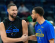 NBA: Klay Thompson of the Dallas Mavericks shakes hands with Stephen Curry of the Golden State Warriors at Chase Center before a game in San Francisco.
