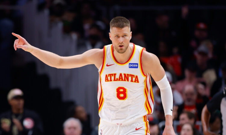 NBA: Kristaps Porzingis reacts during the first quarter for the Atlanta Hawks against the New Orleans Pelicans at State Farm Arena.