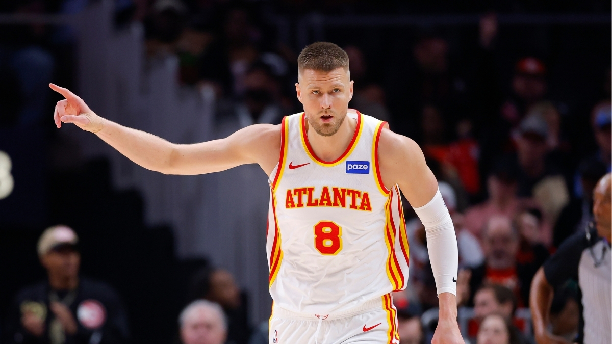 NBA: Kristaps Porzingis reacts during the first quarter for the Atlanta Hawks against the New Orleans Pelicans at State Farm Arena.