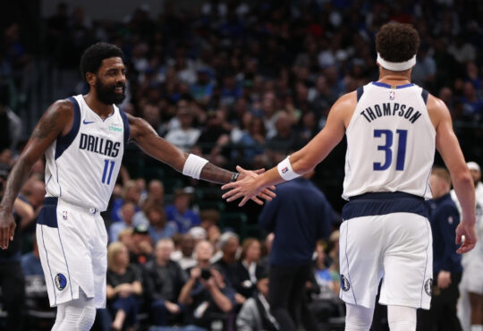 NBA: Kyrie Irving and Klay Thompson celebrate after a score for the Dallas Mavericks against the Orlando Magic at American Airlines Center.