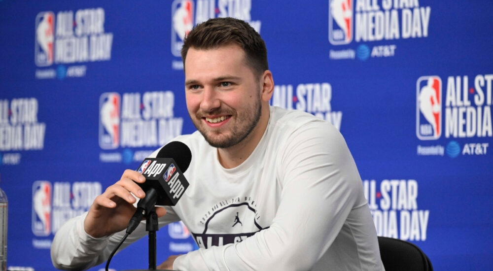 Luka Dončić speaks to reporters during NBA All-Star Saturday media day at Intuit Dome in Inglewood.
