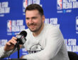 Luka Dončić speaks to reporters during NBA All-Star Saturday media day at Intuit Dome in Inglewood.