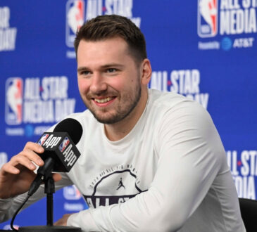 Luka Dončić speaks to reporters during NBA All-Star Saturday media day at Intuit Dome in Inglewood.