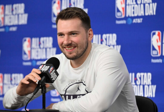 Luka Dončić speaks to reporters during NBA All-Star Saturday media day at Intuit Dome in Inglewood.