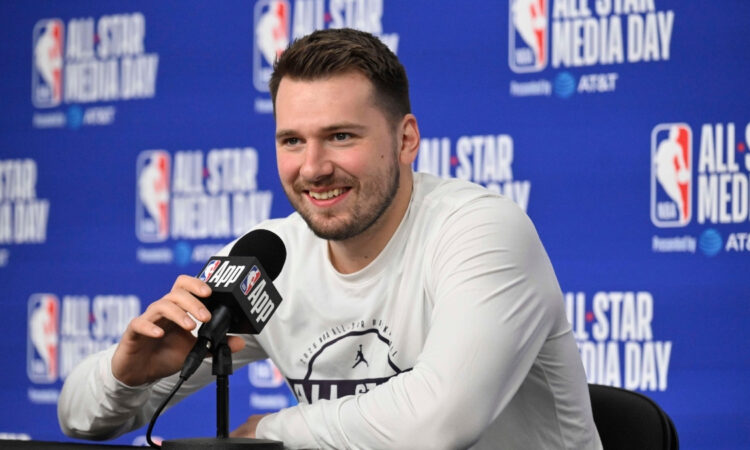 Luka Dončić speaks to reporters during NBA All-Star Saturday media day at Intuit Dome in Inglewood.