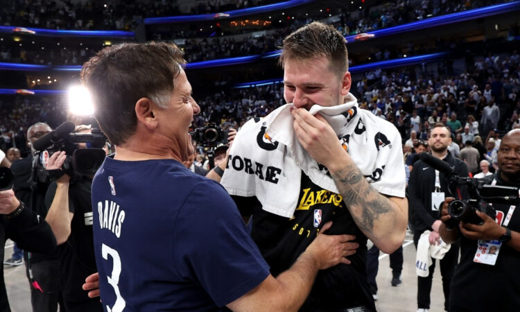 NBA: Mark Cuban embraces Luka Dončić after the game at American Airlines Center as the Los Angeles Lakers face the Dallas Mavericks