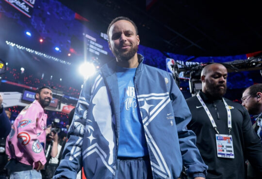 Stephen Curry looks on before the 75th NBA All-Star Game at Intuit Dome in Inglewood, California.
