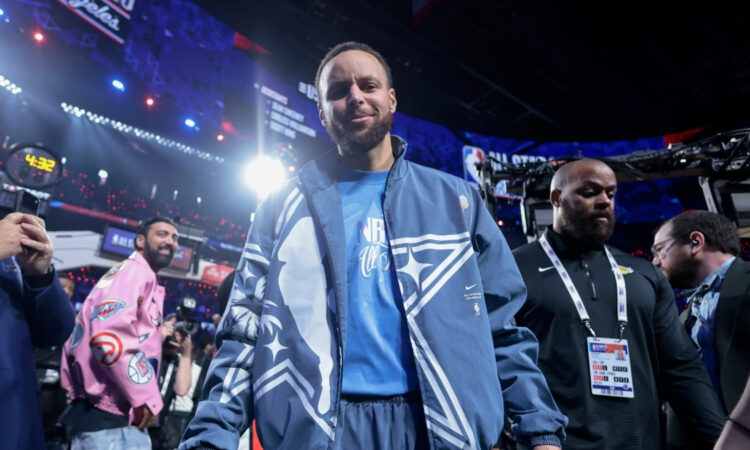 Stephen Curry looks on before the 75th NBA All-Star Game at Intuit Dome in Inglewood, California.