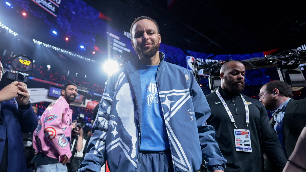 Stephen Curry looks on before the 75th NBA All-Star Game at Intuit Dome in Inglewood, California.