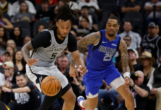 NBA: Stephon Castle makes a steal for the San Antonio Spurs against the Dallas Mavericks at Frost Bank Center