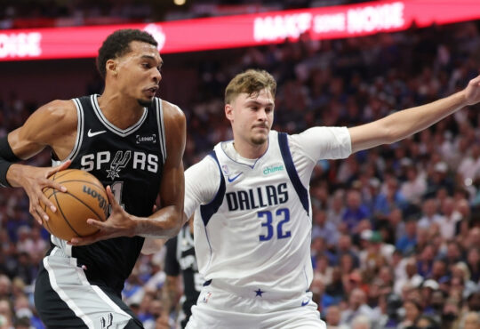 NBA: Victor Wembanyama drives to the basket for the San Antonio Spurs against Cooper Flagg of the Dallas Mavericks at American Airlines Center