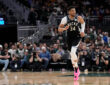 Giannis Antetokounmpo during a Milwaukee Bucks game before his knee hyperextension injury