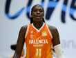 Awa Fam dribbles for Valencia Basket during a Liga Femenina Endesa game against Movistar Estudiantes in Madrid.
