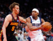Brandon Williams drives to the basket against Dyson Daniels during the Mavericks’ game against the Atlanta Hawks on March 10, 2026, at State Farm Arena.