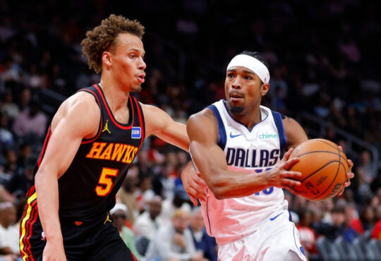 Brandon Williams drives to the basket against Dyson Daniels during the Mavericks’ game against the Atlanta Hawks on March 10, 2026, at State Farm Arena.