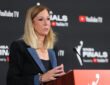 WNBA Commissioner Cathy Engelbert speaks at a podium ahead of Game 1 of the 2025 WNBA Finals in Las Vegas