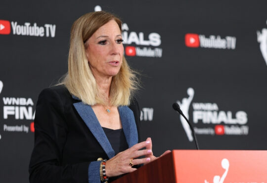 WNBA Commissioner Cathy Engelbert speaks at a podium ahead of Game 1 of the 2025 WNBA Finals in Las Vegas