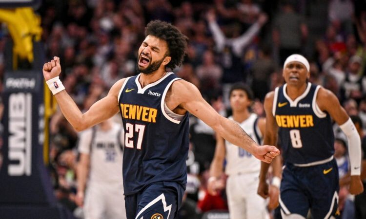 Jamal Murray celebrates after scoring 53 points in the Nuggets’ win over the Mavericks at Ball Arena.