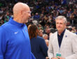 Jason Kidd talks with Mavericks CEO Rick Welts during halftime of a game against the Minnesota Timberwolves at American Airlines Center on Jan. 28, 2026.